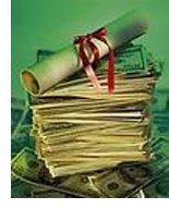 Image of stack of papers with scroll on top