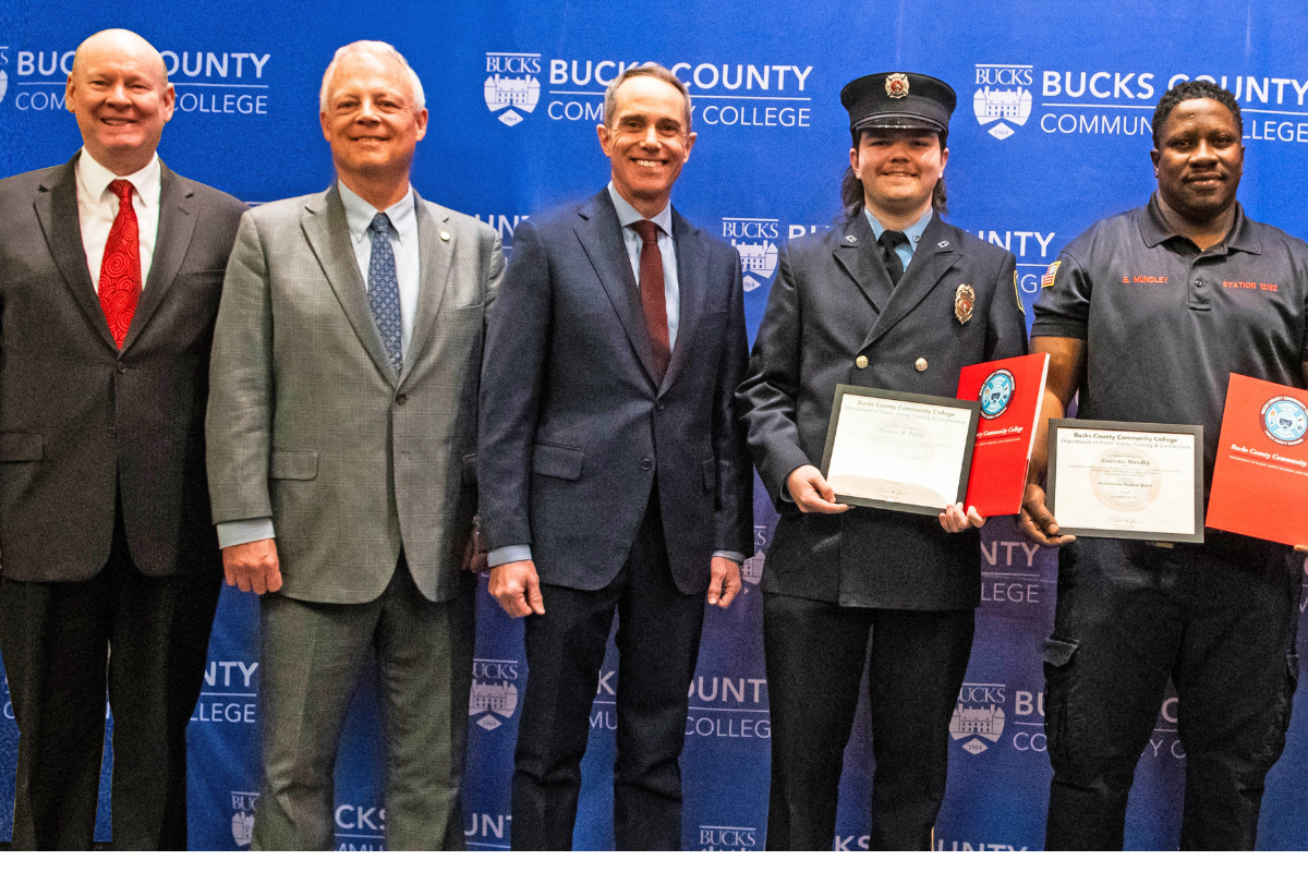 Fire School Graduates, BCCC Presidend Dr. Jones, Pennsylvania State Representative Perry Warren (D-31) and Pennsylvania State Senator Steve Santarsiero (D-10)