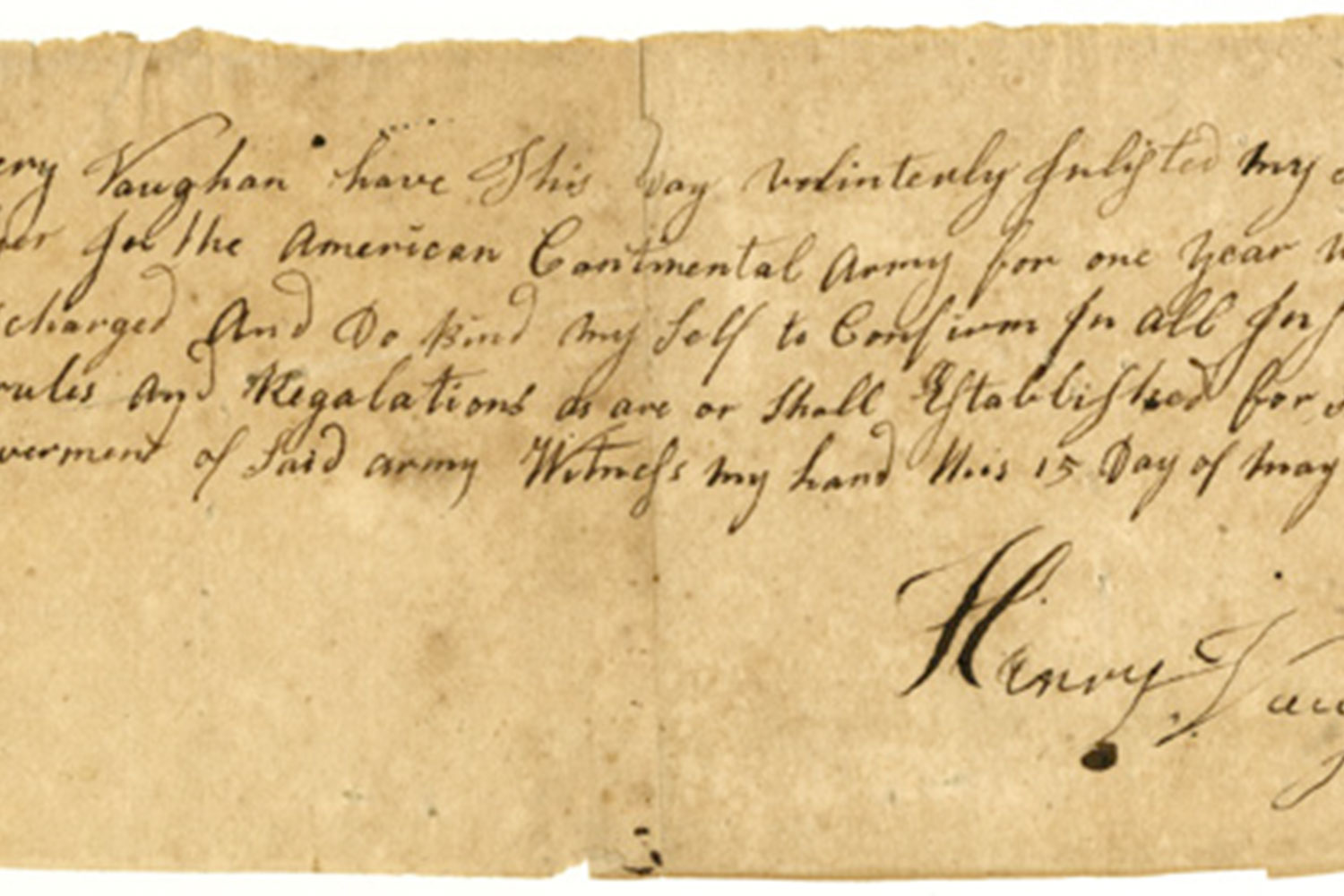 A handwritten historical document on aged paper showing an enlistment form for the American Continental Army, signed by Henry Vaughan.