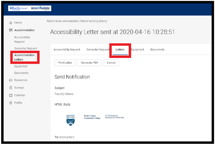 Letters tab selected and opened showing the Faculty Memo for students