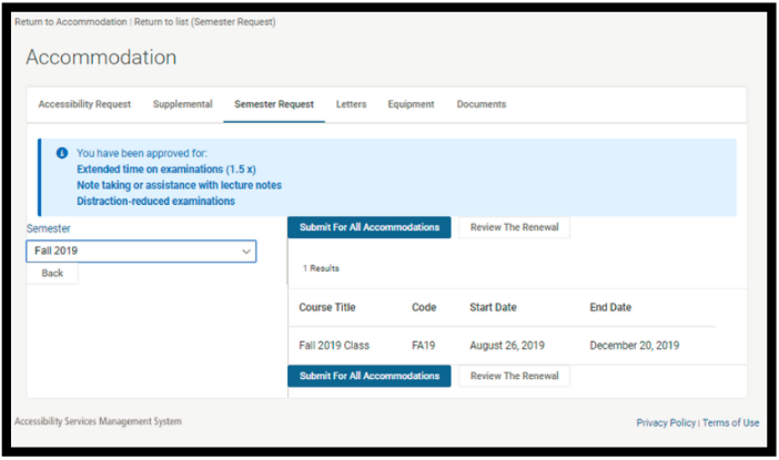 Semester Request tab selected with Semester drop-down box opened up